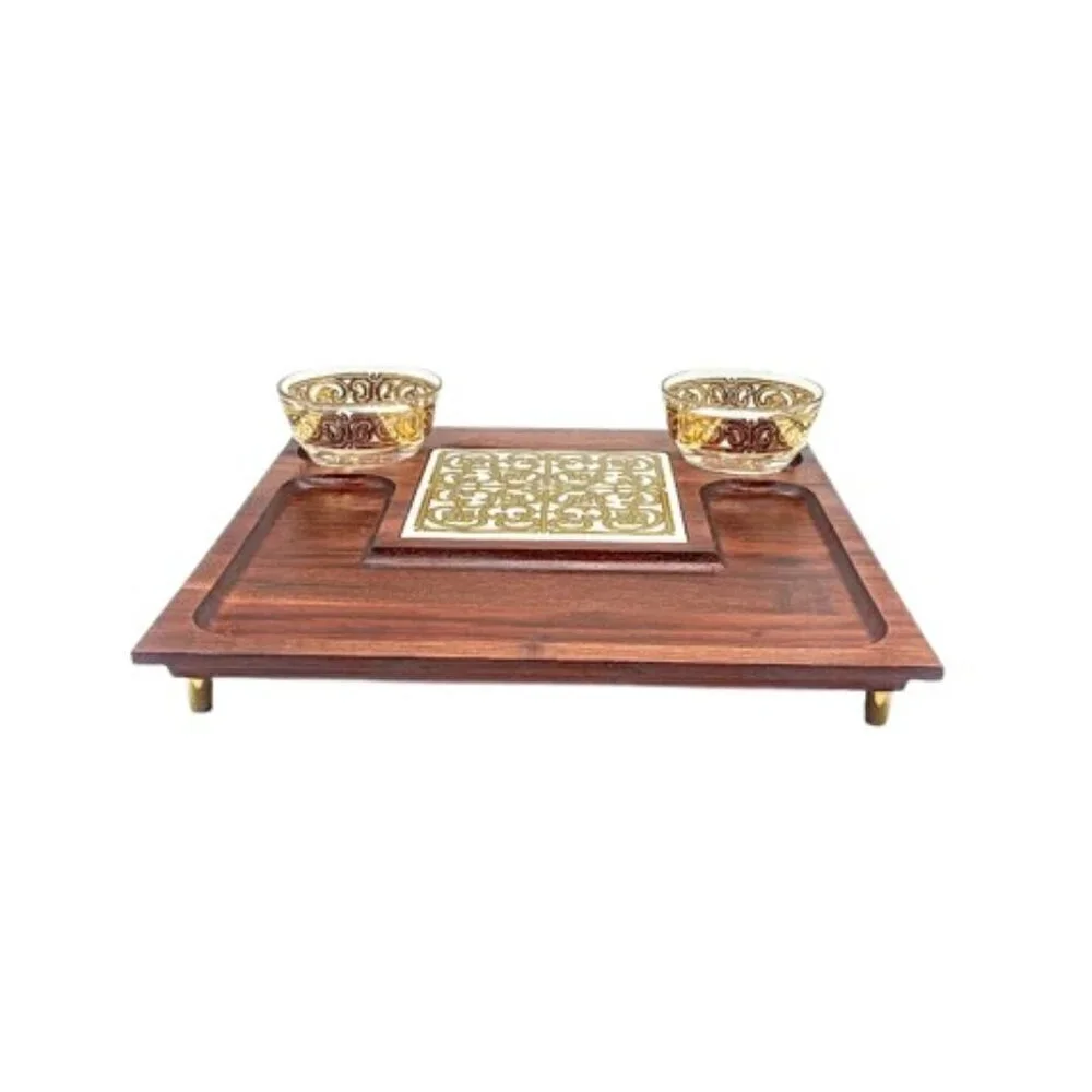 Vintage Georges Briard Square Wood Gold Scroll Tile Footed Board
